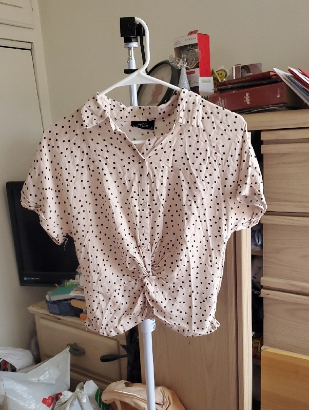Milk & Honey Beige Black Polka Dot Knot Front Collared Short Sleeve Top Size S